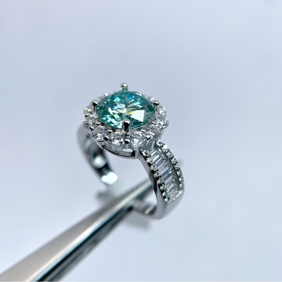 Moissanite Halo Ring Aqua Blue Center & Baguette Accents 18K White Gold Finish - Picture 9 of 16
